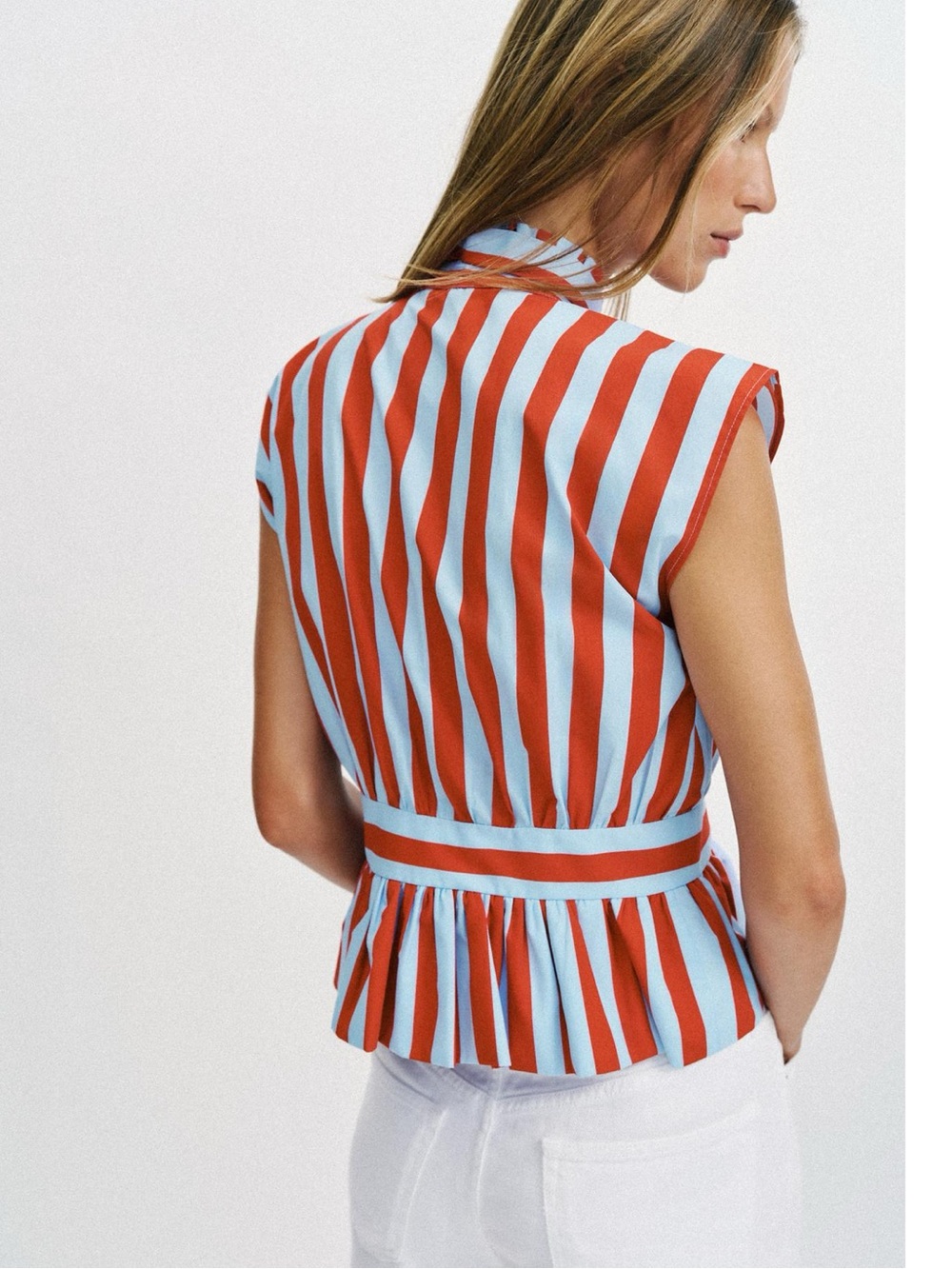 ZARA NEW WOMAN KNOTTED STRIPED BLOUSE RUFFLE REH RED BLUE - Picture 7 of 9